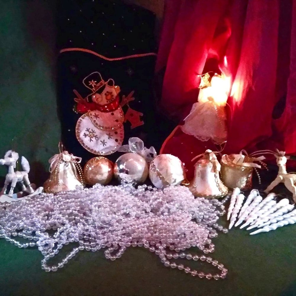 Vintage Iridescent X-mas Ornament Bundle w/ Angel topper and Snowman stocking